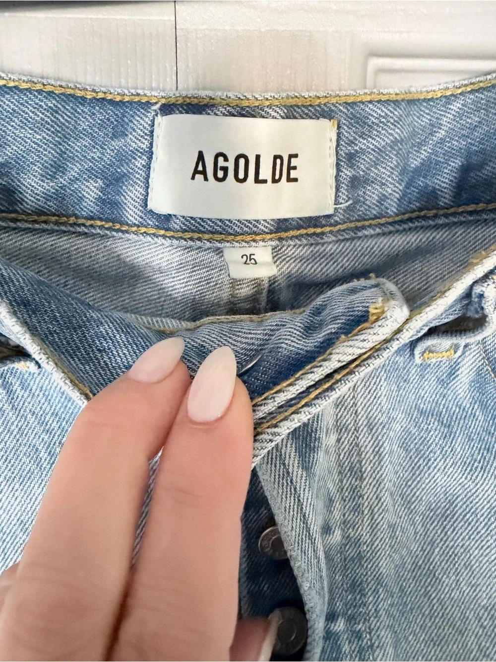 Agolde Parker Long Light Blue Distressed Denim Cutoff Shorts